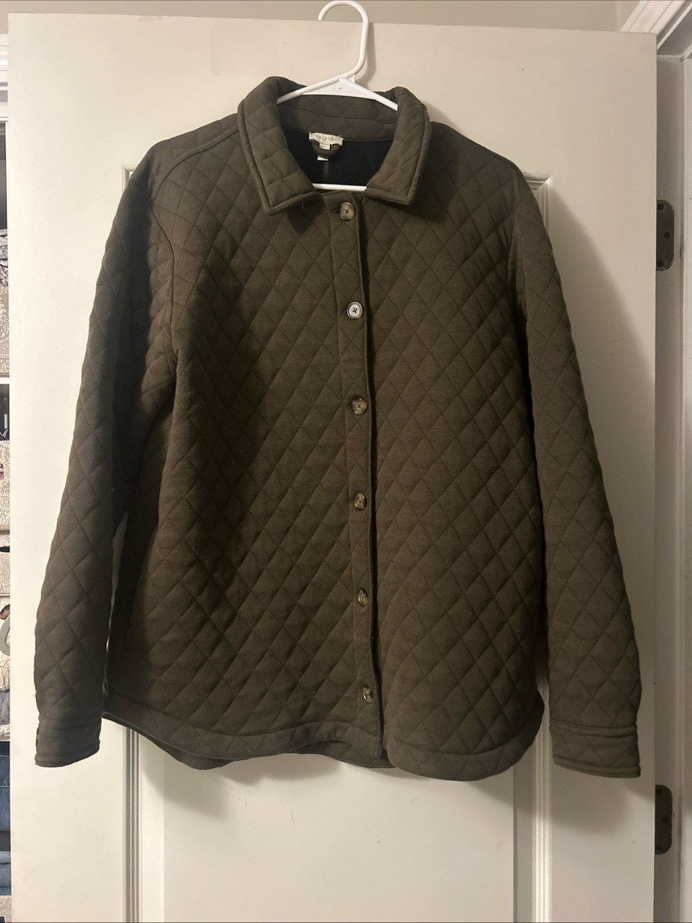 Talbots Olive Quilted Button-Front Puffer Jacket